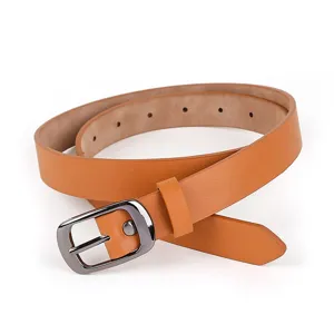 Detailed view of casual women's leather belt with metal buckle, versatile design for daily wear.