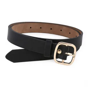 Women casual PU leather thin belt with gold square buckle fashion waist belt for dress