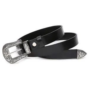 Vintage women's PU leather belt with ornate silver-toned metal buckle, keeper and belt tip.
