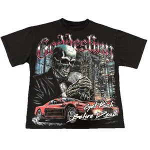 T-shirt noir lave vintage a manches courtes avec un motif squelette et style streetwear.