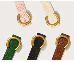 Women fashion wide belt with crocodile pattern leather and vintage gold horseshoe buckle details.