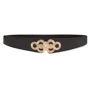 Damen breiter elastischer Taillengürtel mit Metallschleife, schwarzer Gürtel für Kleider.