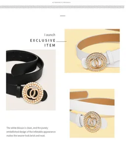 Elegant women's rhinestone double-circle buckle belt detail view, ideal for dresses and coats.