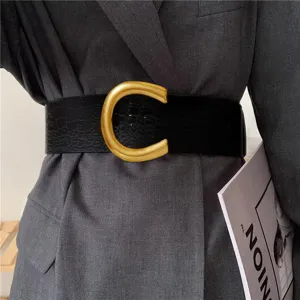 Wide PU Leather Waist Belt For Women Vintage Crocodile Pattern Metal Buckle Coat Dress Corset Fashion Belt