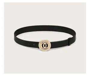 Elegant women fashion leather belt with sparkling rhinestone double ring buckle detail.