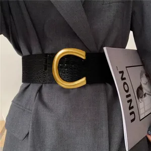 Wide black crocodile pattern waist belt with stylish gold C buckle for women outerwear
