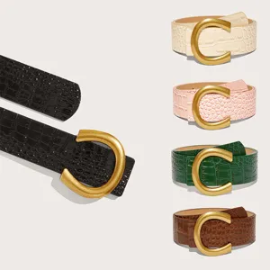 Wide crocodile pattern leather belt featuring statement gold C buckle for women
