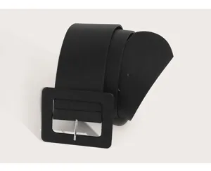 Black wide waist belt detail shot showing large square buckle design, ideal for dresses and coats.