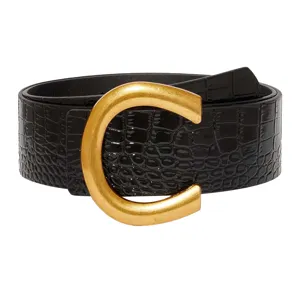 Wide waist belt for women fashion PU leather black gold C buckle coat dress dressy