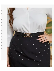 Stylish black thin leather belt with metallic interlinked ring buckle for women dresses.
