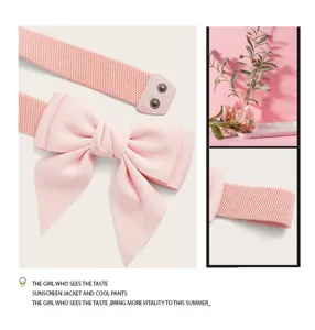Pink bow elastic waist belt for women, cute wide stretch cincher dress accessory decorative.
