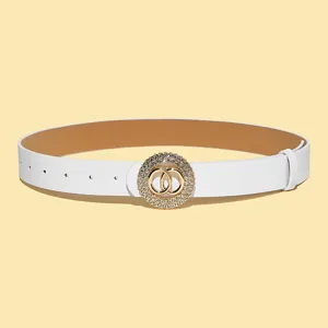 Women's white fashion belt with a stunning gold rhinestone circular buckle for dresses.