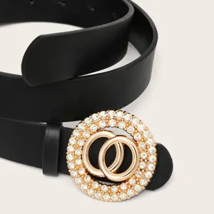 Women fashion black leather belt with rhinestone round buckle for casual pants dresses