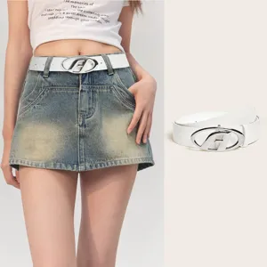 Amerikaanse retro witte lederen riem met zilveren lettergesp veelzijdige jeans jurk