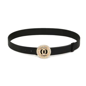 Women fashion black leather belt with sparkling rhinestone double ring buckle for dress coat.