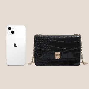 Borsa a tracolla da donna in pelle PU nera con motivo coccodrillo, elegante borsetta a catena.