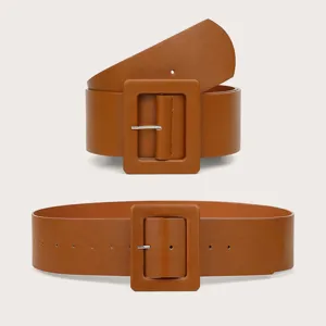 Wide belt for women dress coat fashion PU leather large square buckle waist belt