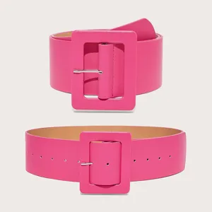 Wide pink leather belt with large square buckle main view showcasing stylish design