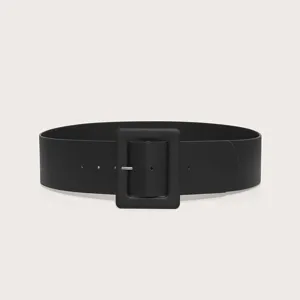 Wide black belt for dress coat, oversized square buckle waist seal fashion accessory.