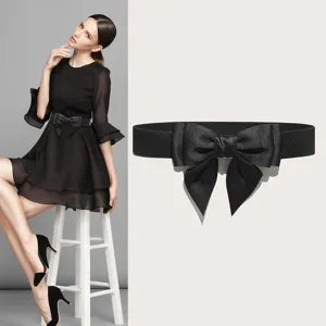 Black elastic waist belt with bowknot cummerbund for women dress decorative stretch cinch band.