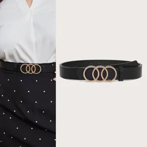 Women black thin belt with gold triple ring buckle stylish dress accessory main view