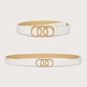 White leather dress belt with interlocking gold rings stylish women fashion accessory