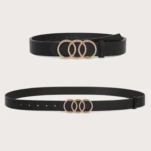 Women fashion thin black belt with gold beaded triple ring buckle dress waist strap