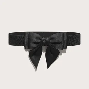 Black elastic waist belt with large satin bow for women dress decoration versatile cincher