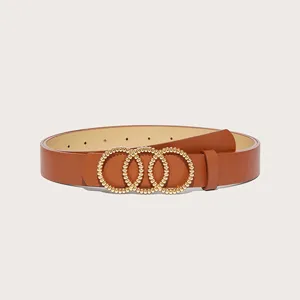 Women's brown faux leather belt featuring a chic interlocking gold-toned beaded buckle design.