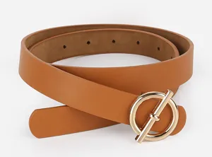 Close-up detail of women brown PU leather belt featuring elegant gold-toned round metal buckle.