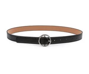 Women casual black leather belt with silver round buckle versatile stylish jeans accessory.