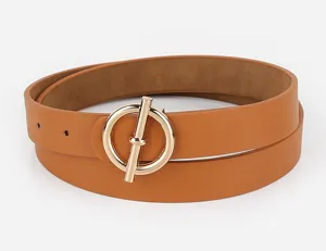 Women brown PU leather belt with gold round T-bar metal buckle fashion accessory daily wear