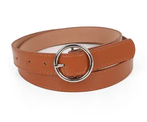 Women brown casual pu leather belt with silver round metal buckle for jeans trousers style