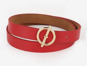 Red PU leather women's belt detail, featuring a stylish gold tone round T-bar metal buckle.
