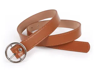 Women casual brown leather belt with round metal buckle, stylish versatile jeans belt.