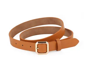 Brown PU leather belt detail view, elegant gold geometric metal buckle for women fashion.