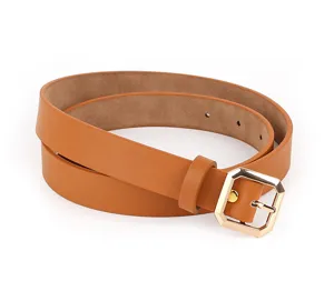 Chic brown PU leather belt with gold hexagonal buckle, perfect for jeans and casual wear.