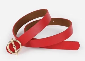 Red PU leather women's belt with a stylish gold round metal T-bar buckle for casual daily wear.
