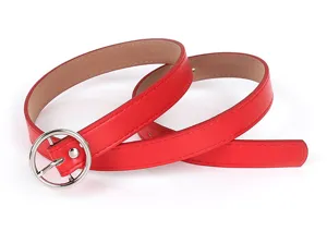 Close-up detail of a vibrant red women's casual leather belt featuring a sleek silver round metal buckle.