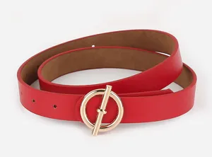 Red women PU leather belt with gold round ring buckle, fashion casual accessory for daily wear.