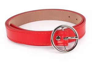 Red leather belt for women with a stylish round metal buckle, perfect for jeans and casual wear.
