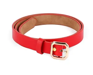 Women red PU leather belt with gold tone geometric metal buckle stylish waist accessory for jeans