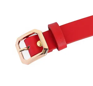 Women red PU leather belt with gold geometric buckle chic casual jeans accessory