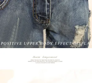 Detailed view of women denim shorts with ripped and washed design, showcasing texture.