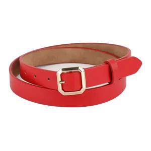 Women red PU leather belt with gold square buckle fashion casual jeans waist belt accessory