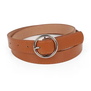 Women casual brown leather belt with stylish round metal buckle for jeans and dresses.