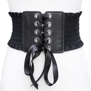 Women Fashion Wide Corset Belt Faux Leather Lace-Up Tassel Bow Waist Cincher Dress Decorative Waist Band
