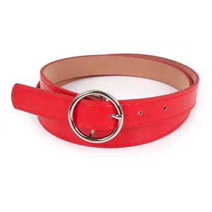Women red casual leather belt with silver round metal buckle stylish waist accessory daily wear.