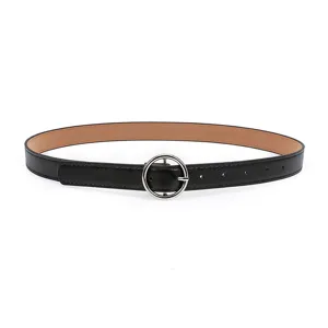 Women casual black belt with round silver buckle, stylish waist accessory for jeans and pants.