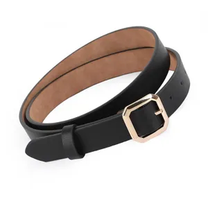 Women's fashion PU leather belt with golden geometric buckle for casual jeans and daily wear.